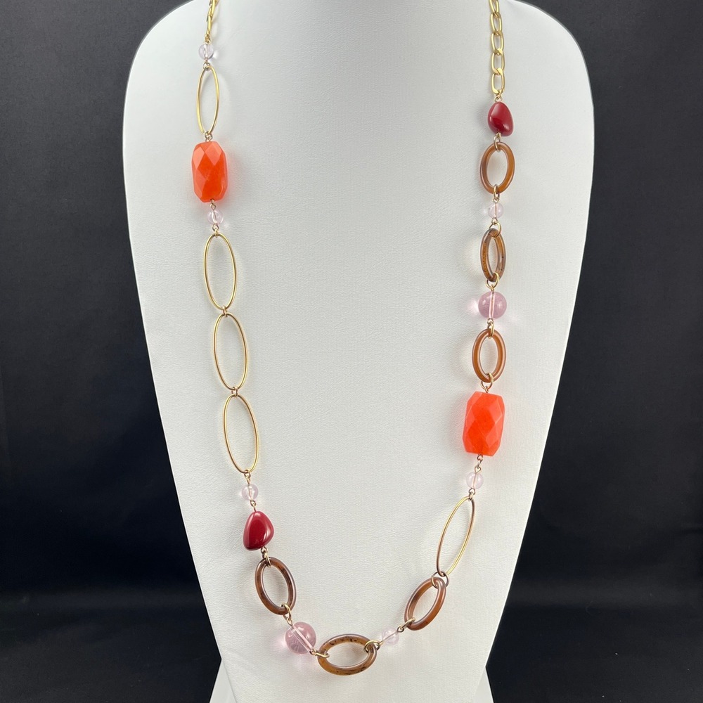 Lia Sophia Necklace Gold Tone Orange Faceted Stone Acrylic Beads Long 39"